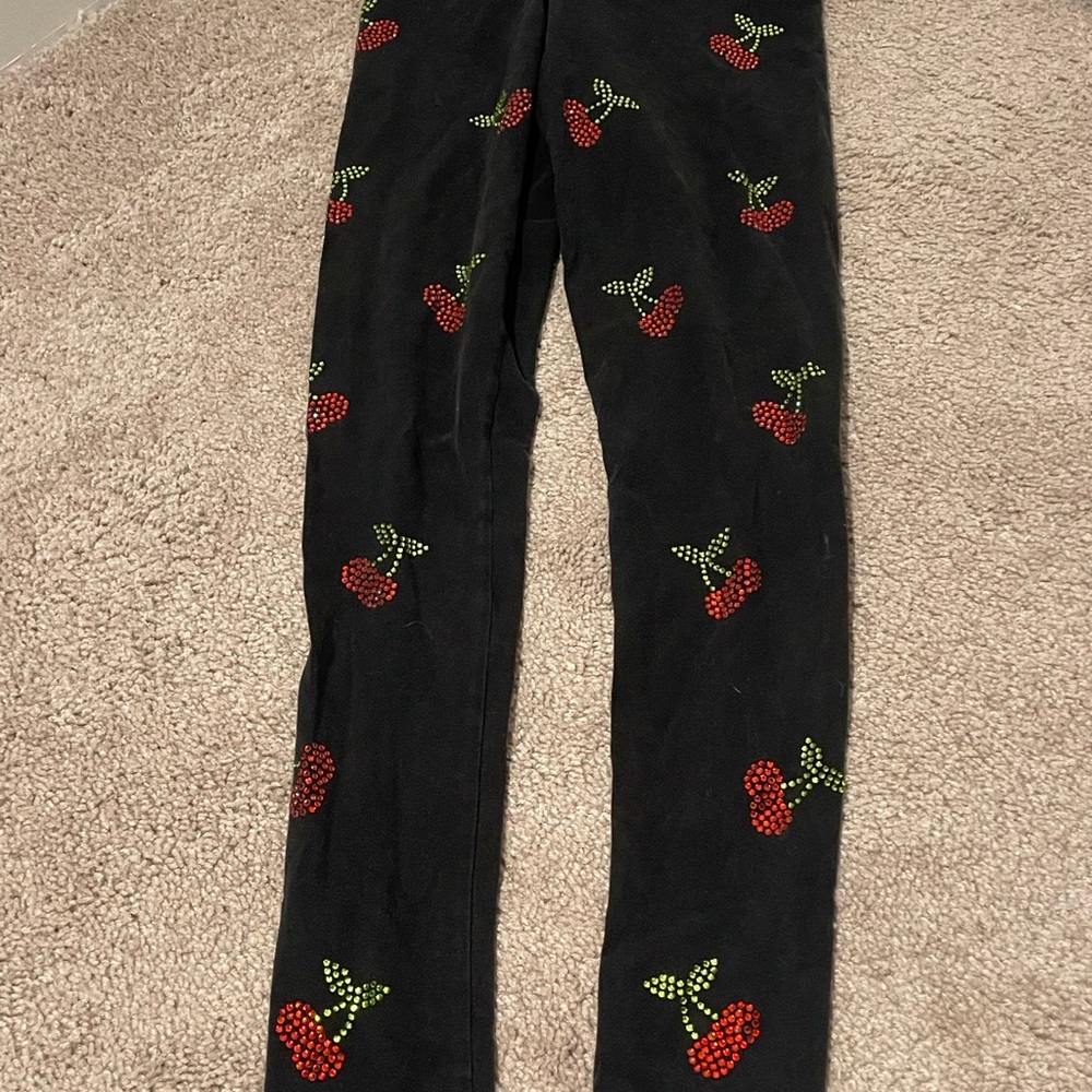 PINK Victoria's Secret Bling Rhinestone Cherry Gems Yoga Leggings Pants XS Black
